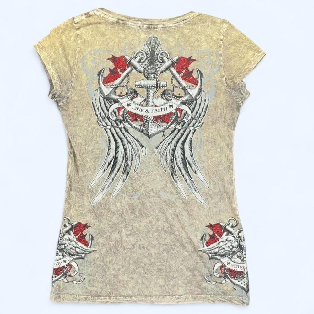 American Age Women Y2K Tattoo Graphic Rhinestone Tee Love Faith Tan Large